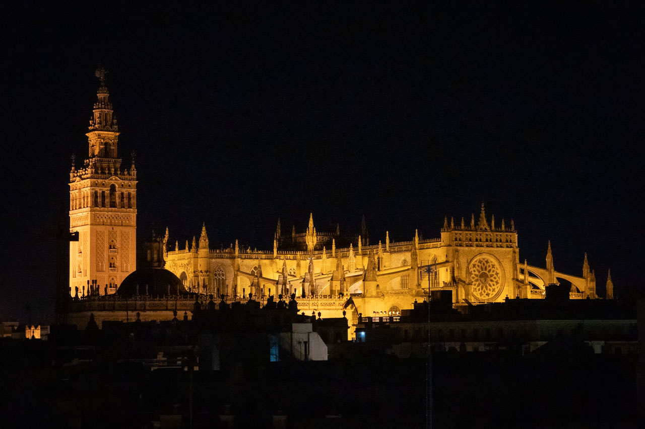 Rooftop view of Seville Cathedral illuminated at night