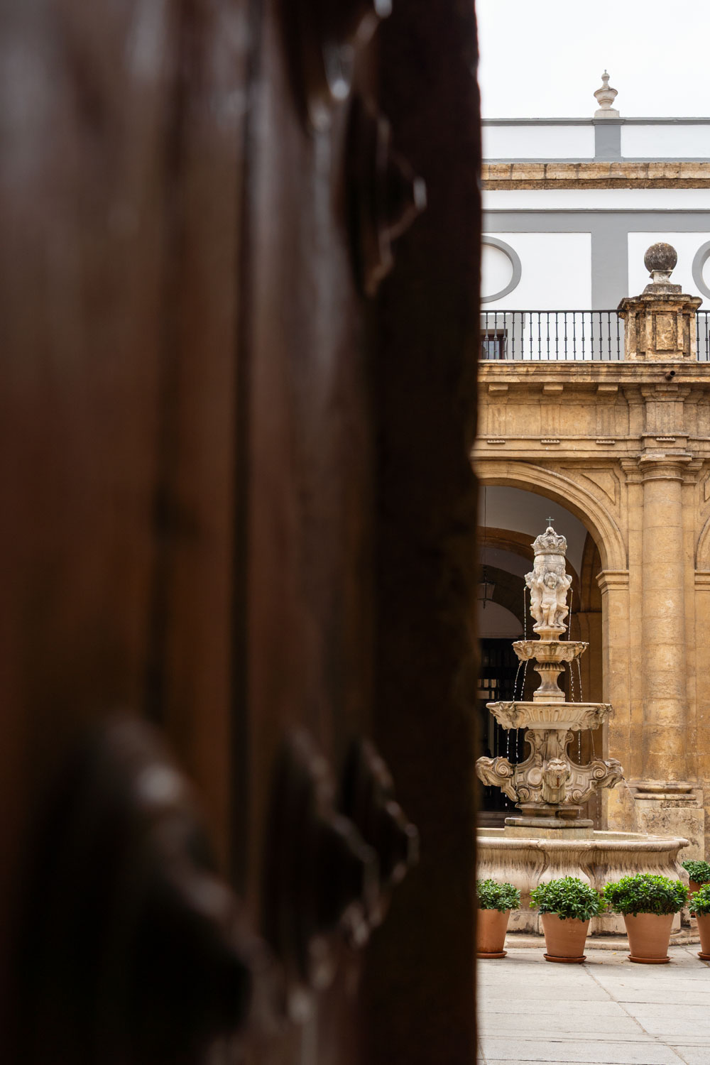 Peek past a heavy wooden door to a courtyard centred by a fountain and potted plants