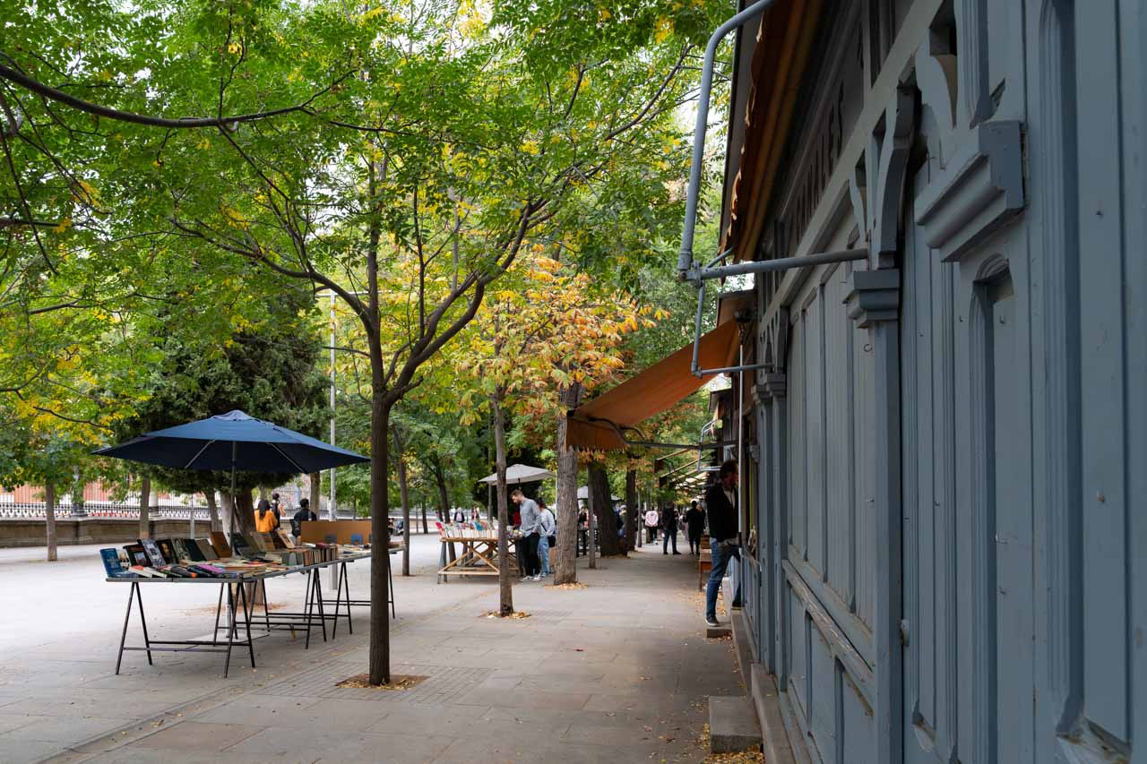 Booksellers outside the Royal Botanical Gardens, shaded by autumnal foliage