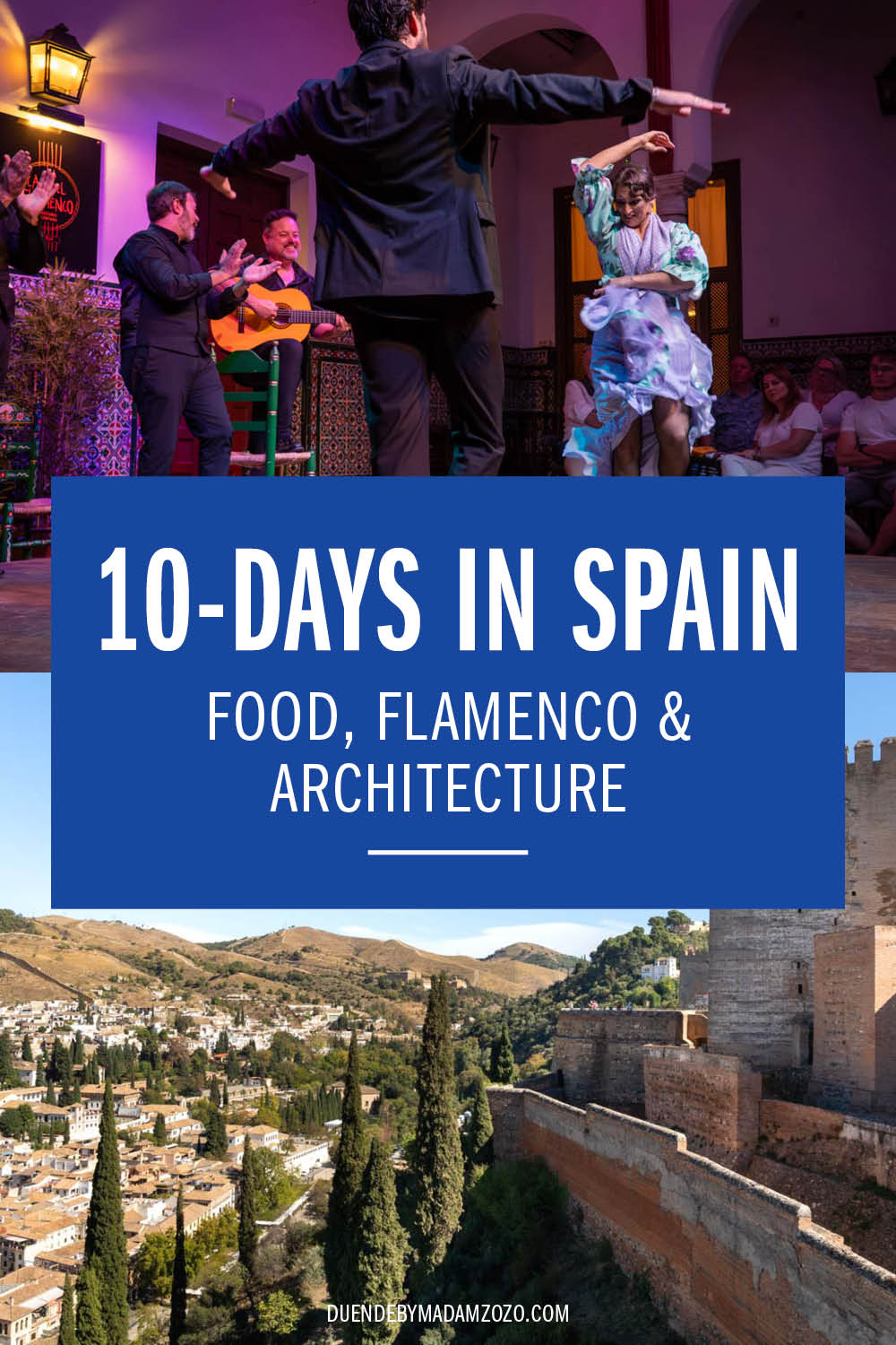Images of a flamenco performance and views from Alhambra across Granada, with the title "10-Days in Spain - Food, Flamenco & Architecture"