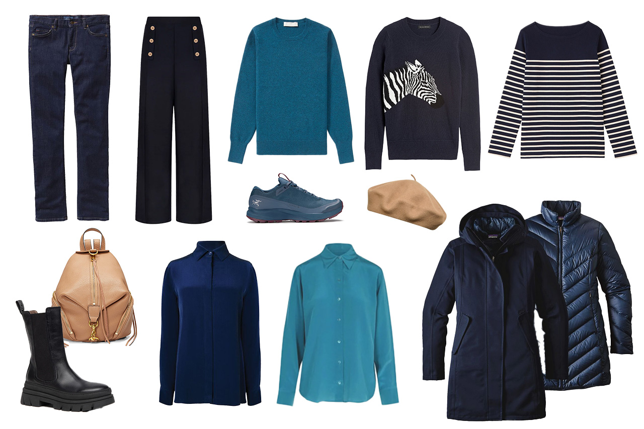 Flatlay of clothing and accessories as an example of what to wear in Spain in winter
