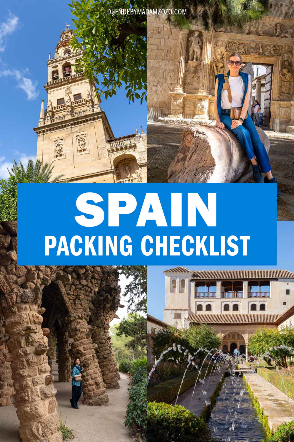 Images of Spain from Barcelona to Granada, with the title "Spain Packing Checklist"