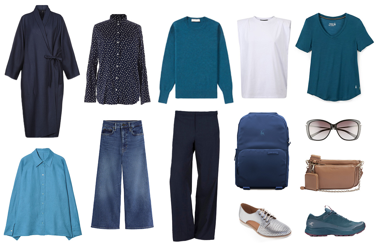 Flatlay of clothing and accessories as an example of what to wear in Spain in fall