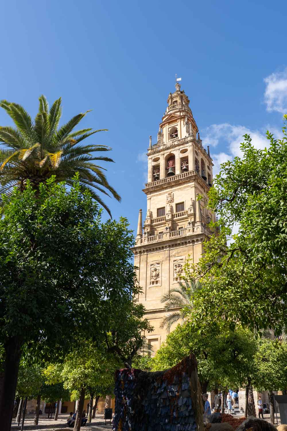 Tower of Mezquita-Cathedral framed with various trees and silhouetted against a blue sky