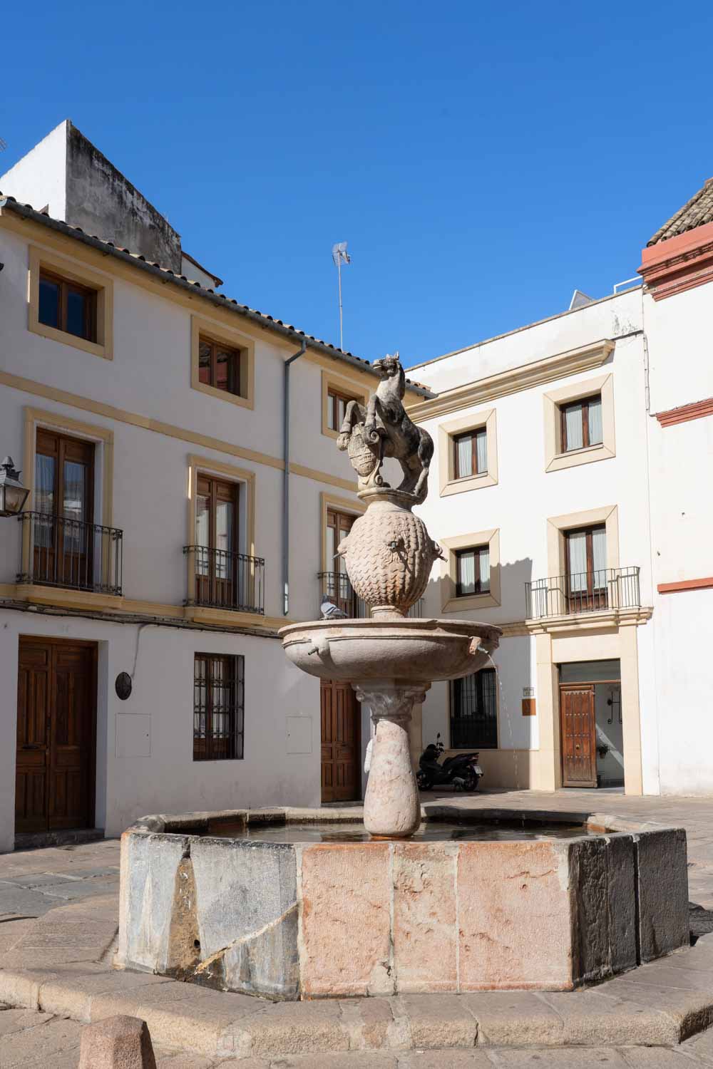 Fountain topped with a horse sculpture in sunny plaza