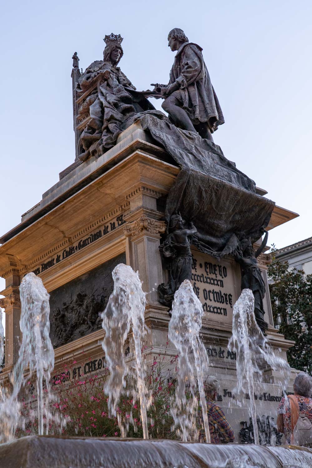 Isabel the Catholic and Christopher Columbus Fountain at dusk