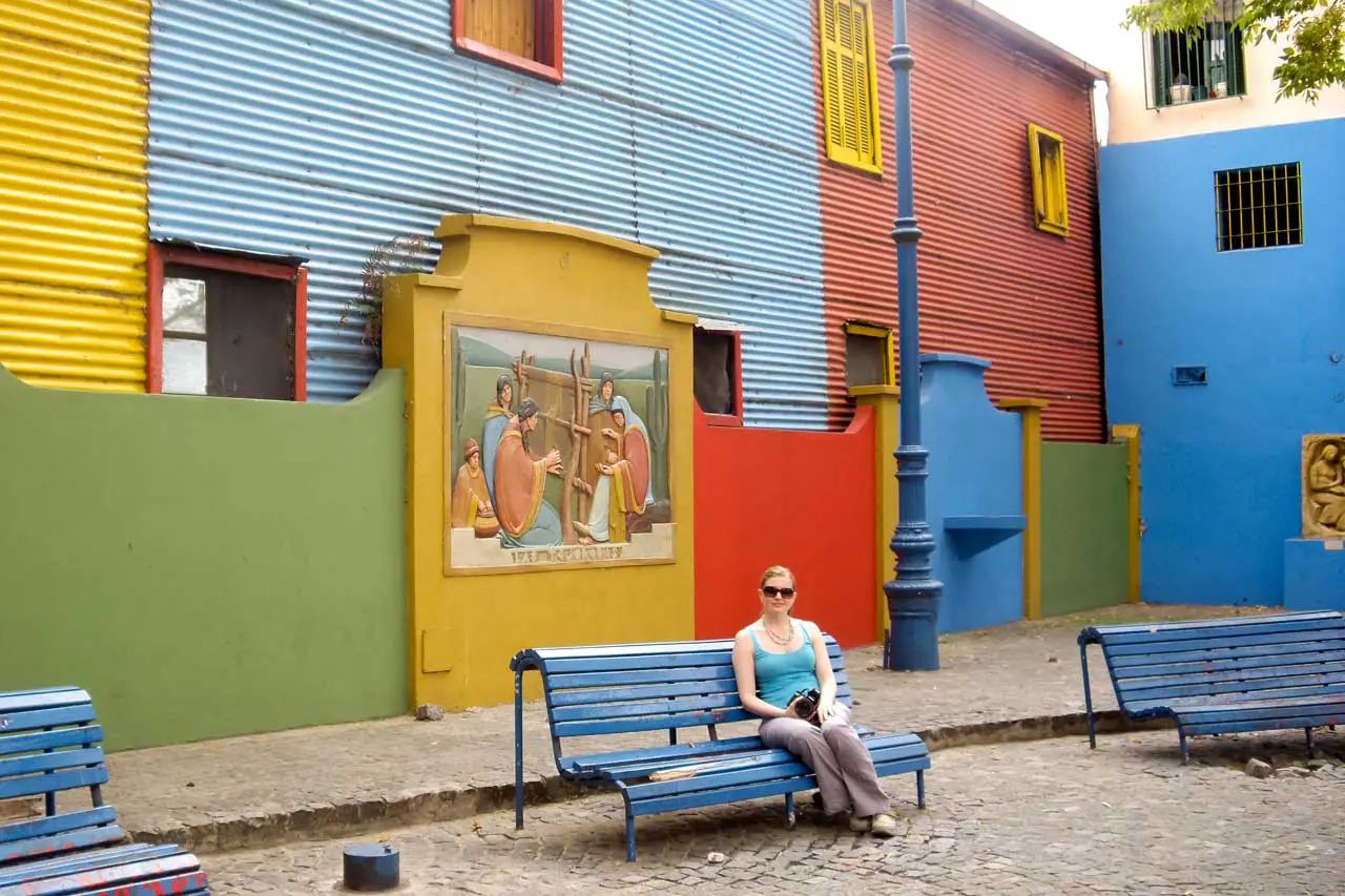 Colourful La Boca streetscape with relief mural