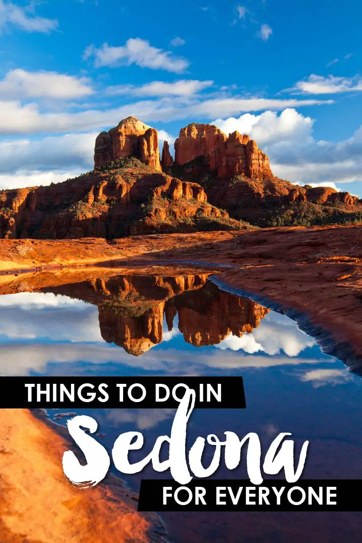 Large red rock formation reflecting in lake, with text overlay that reads "Things to do in Sedona for Everyone"