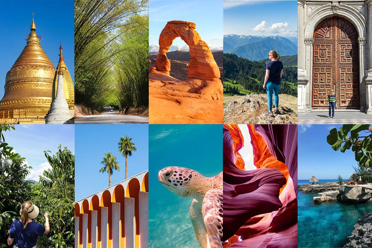 Collage of travel photos with natural and cultural sights from around the world
