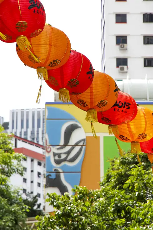 Lanterns and Chinese Opera Mask mural in Singapore Chinatown