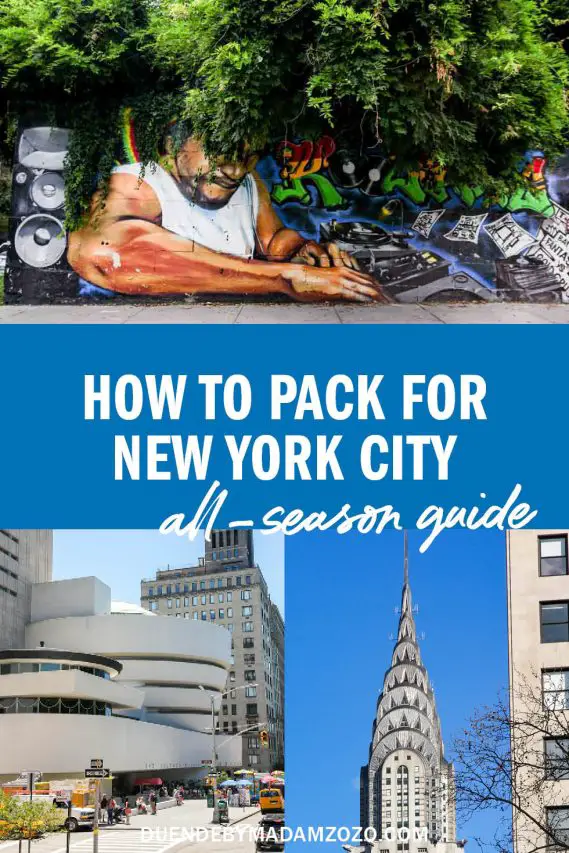 Collage of NYC images with title "How to Pack for New York City - All Season Guide"