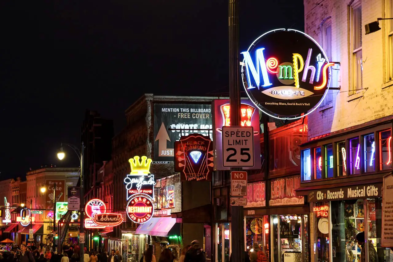 Neon lights in Beale St, Memphis at night