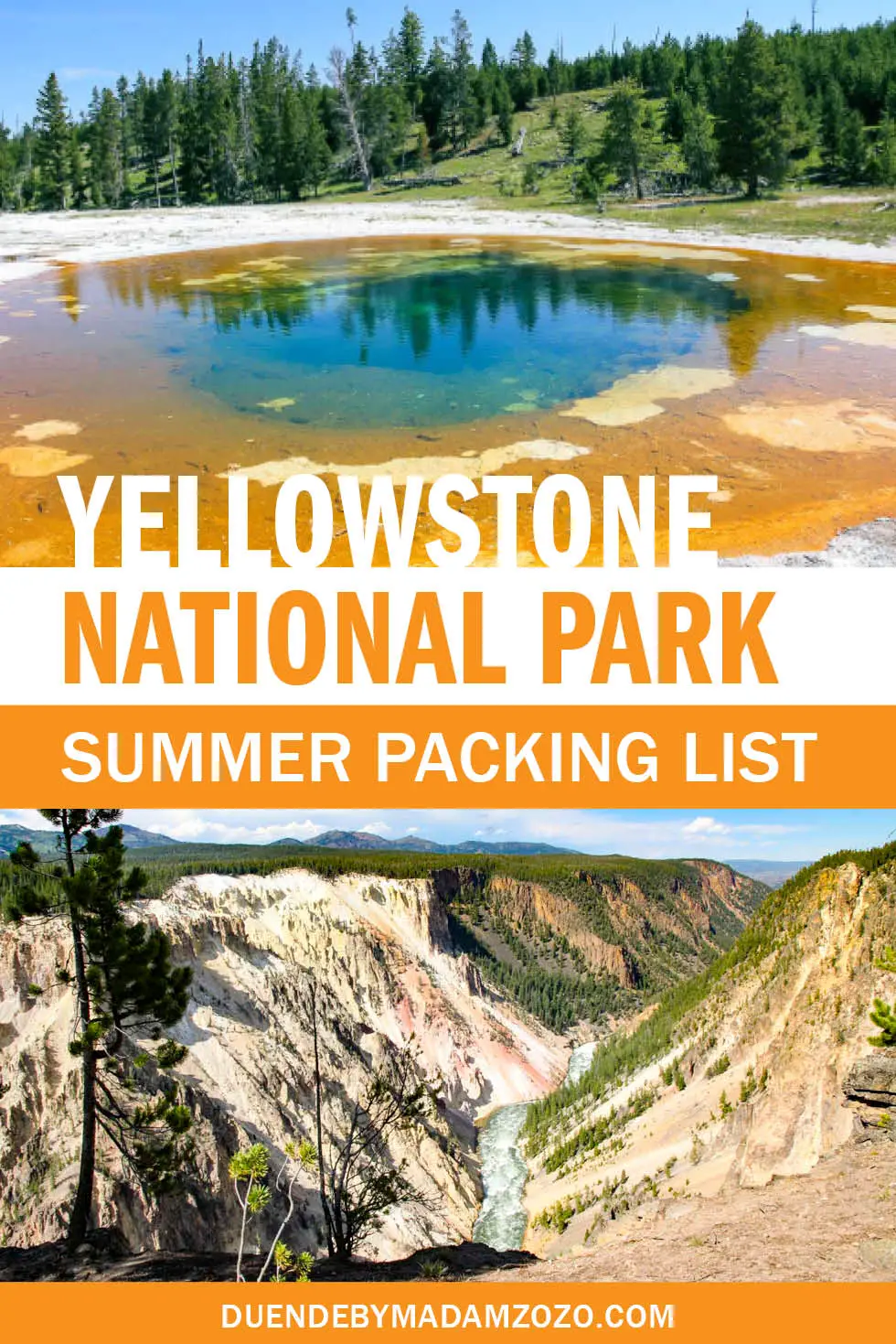 Images of Yellowstone National Park landscapes wiht text overlay reading "Yellowstone National Park Summer Packing List"