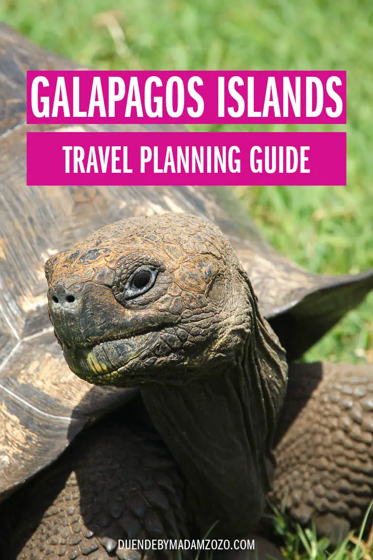 Close up of Giant Tortise with "Galapagos Islands Travel Planning Guide" title