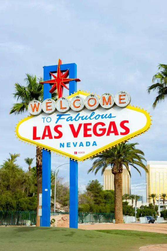 Welcome to Fabulous Las Vegas, Nevada sign with cloudy sky and palm trees in background