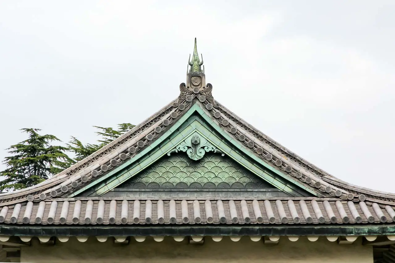 Japanese roof tiles against a cloudy sky
