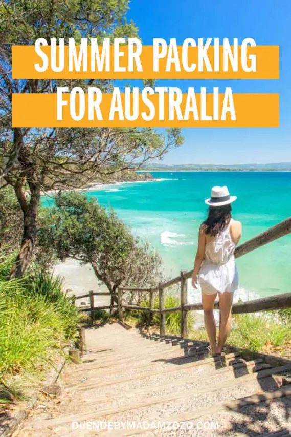Photo of woman descending stairs adjacent to beach with text overlay "Summer Packing for Australia"