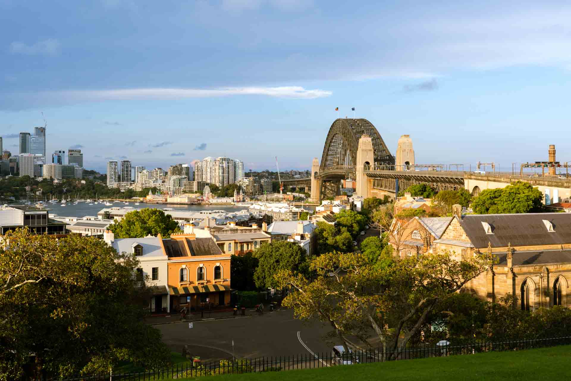 Observatory Hill view of the Harbour Bridge and historic architecture