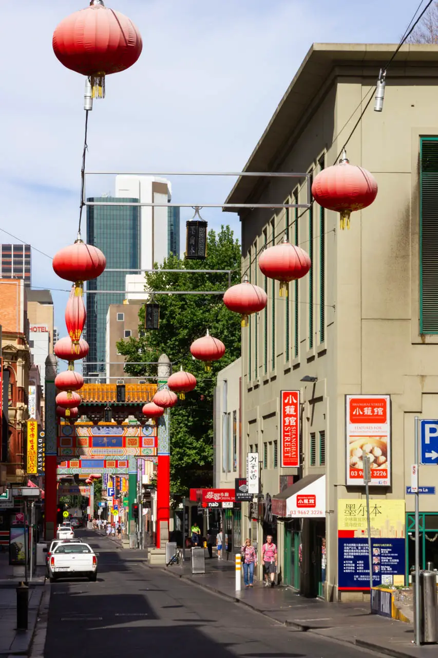Chinatown streetscape with red lanterns