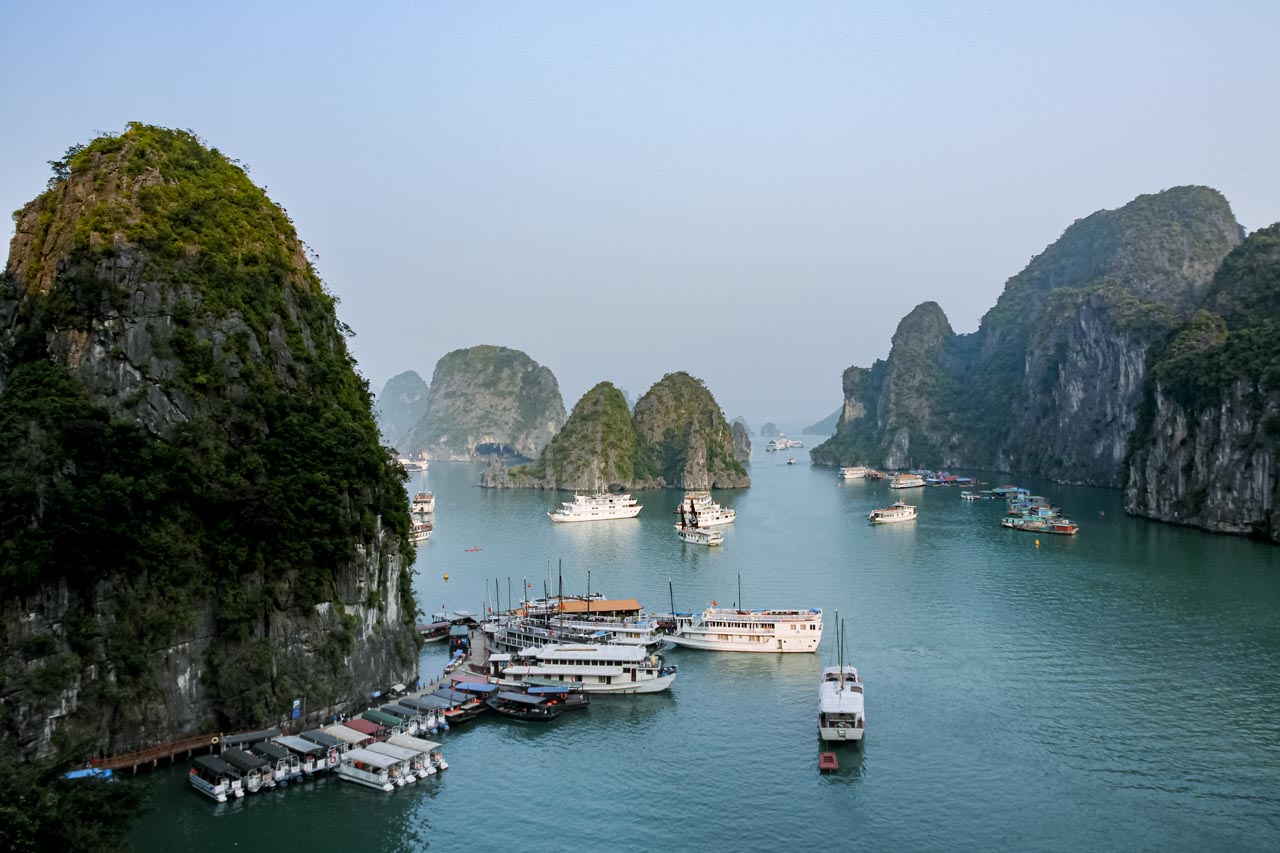 Top down view of Ha Long Bay with boats