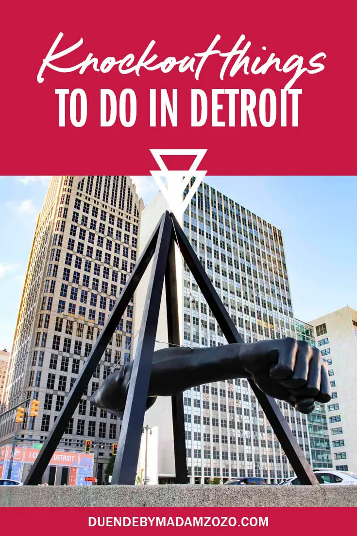 Images of the Monument to George Louis in Detroit with text overlay reading "KnockoutThings to do in Detroit, Michigan"