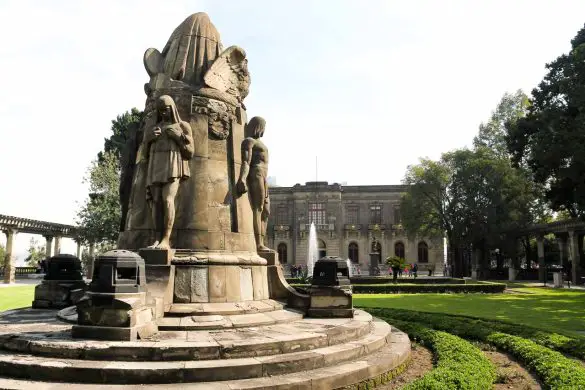 Chapultepec Castle terrace garden with fountains and sculptures