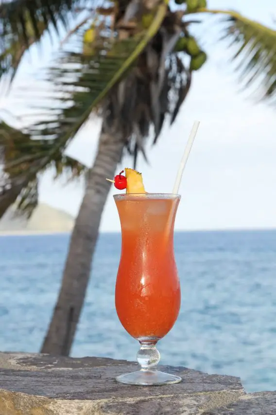 Orange cocktail with ocean and palm tree in background