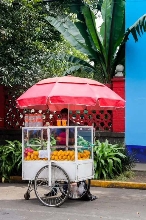 Man selling mangoes and water from a white fruit cart, under a red umbrella.