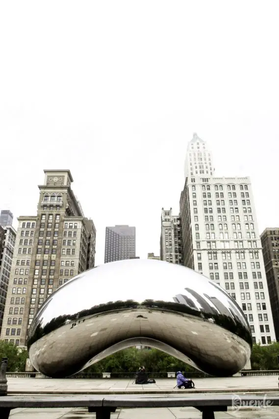 Public sculpture, Cloud Gate, with skyscrapers in background