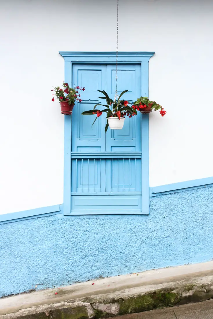 Sky blue window with hanging posts of red flowers