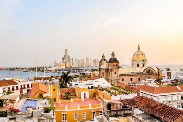 View across the walled city of Cartagena to the skyscrapers of Bocagrande