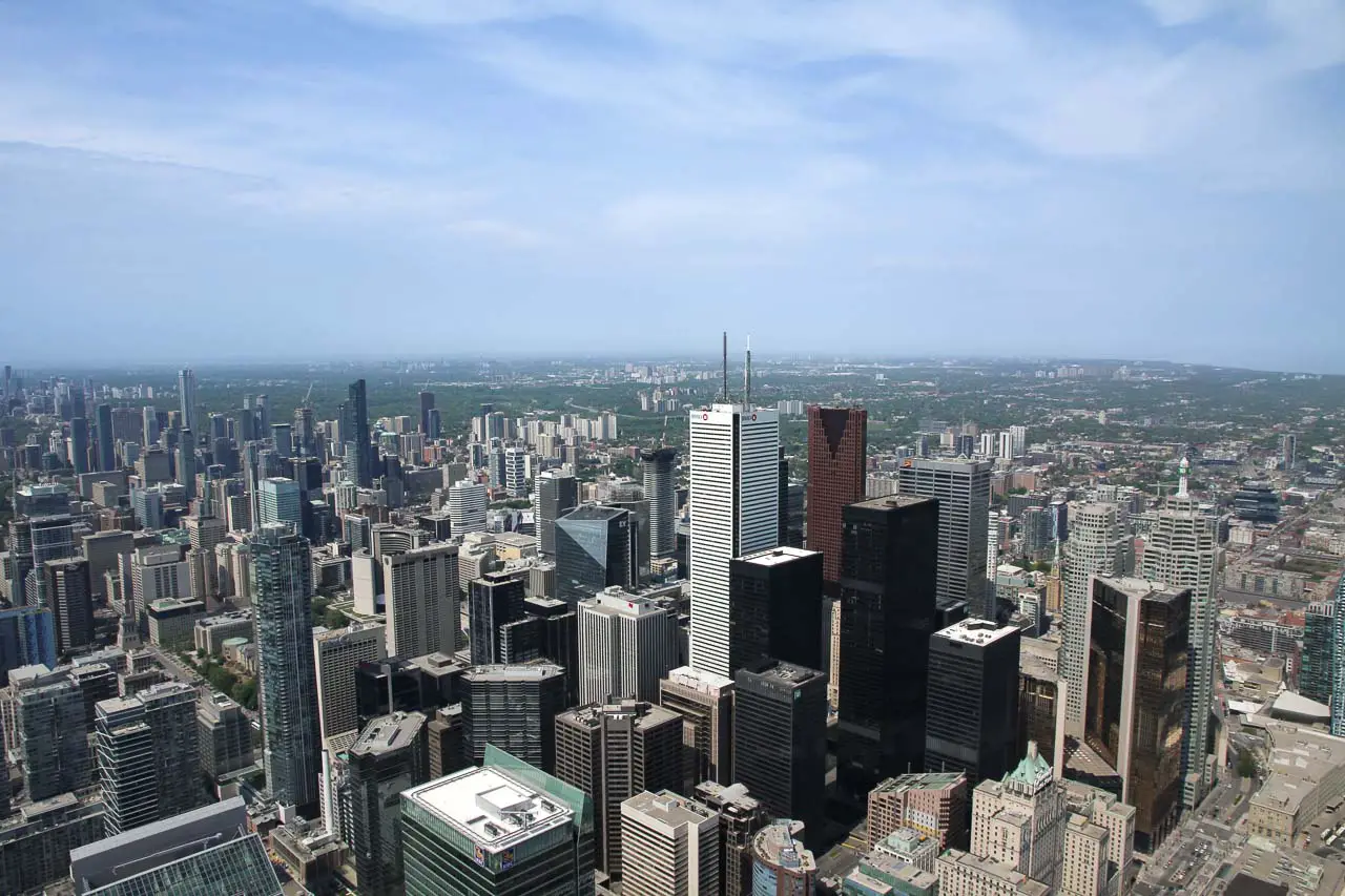 View of Toronto's central business district and beyond from above.