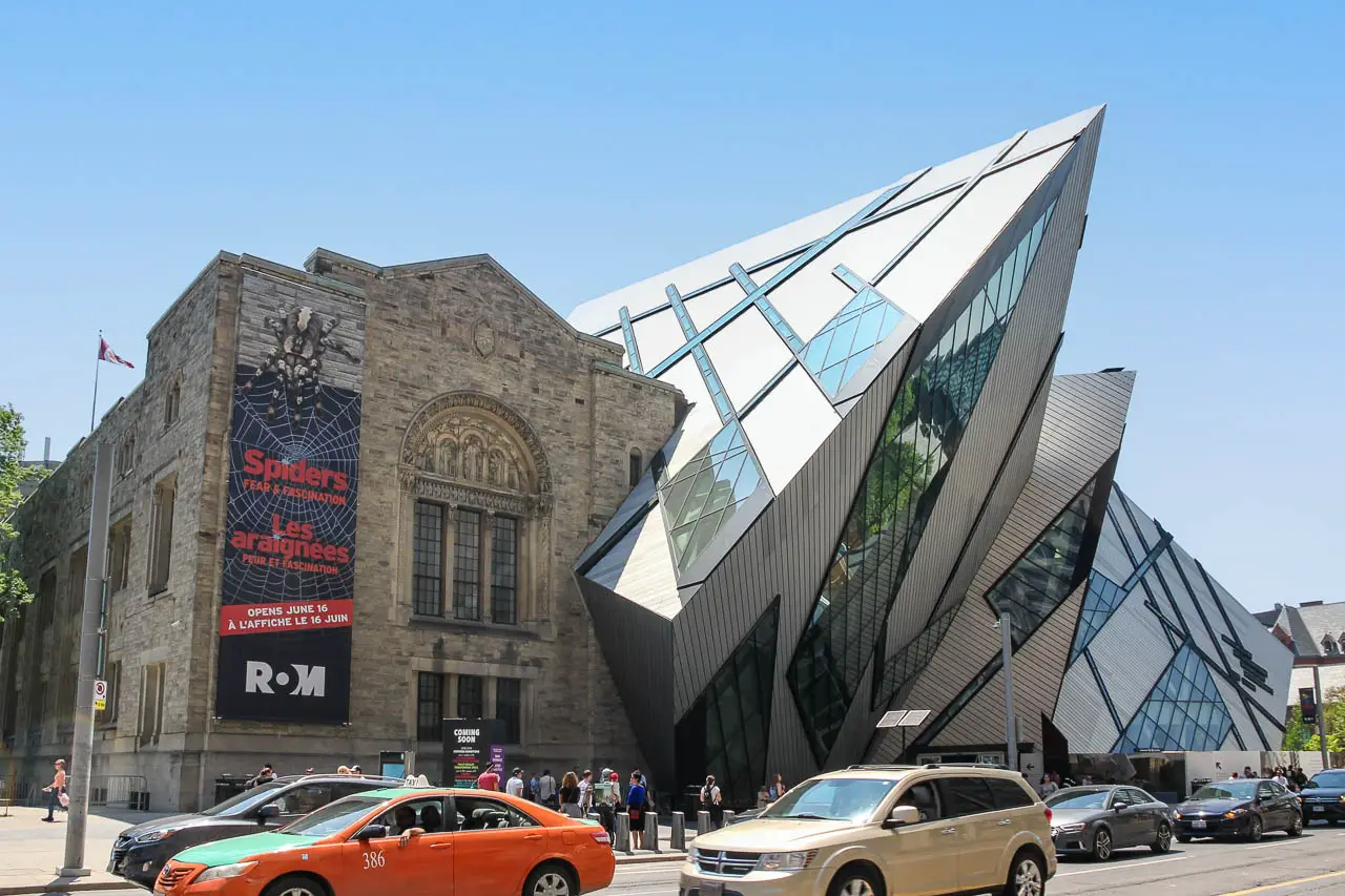 Exterior of Royal Ontario Museum from across the street showing old and new architecture