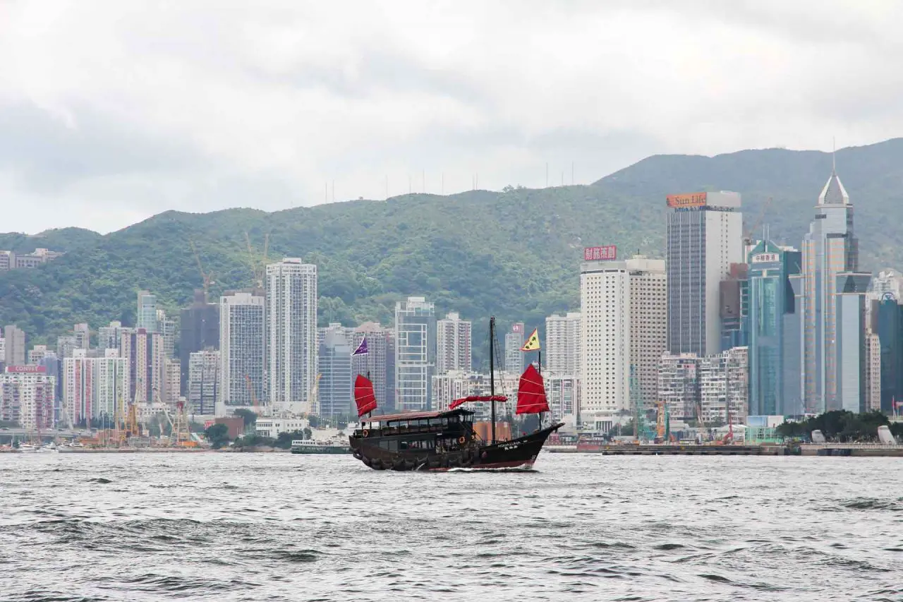 Chinese sailing ship with red sails on Victoria Harbour with Hong Kong skyscrapers in background
