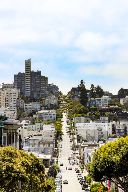 Lombard Street's crooked section viewed from opposing hilltop