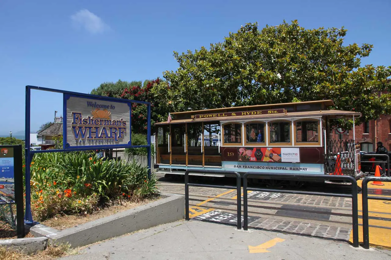 Historic cable car and Welcome to Fisherman's Wharf sign