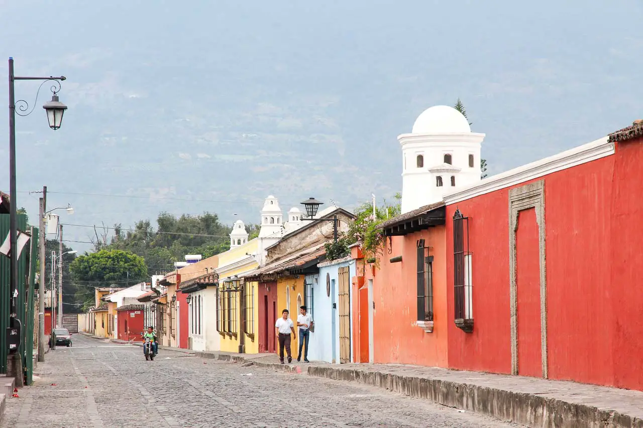 A colonial streetscape with colourful buildings