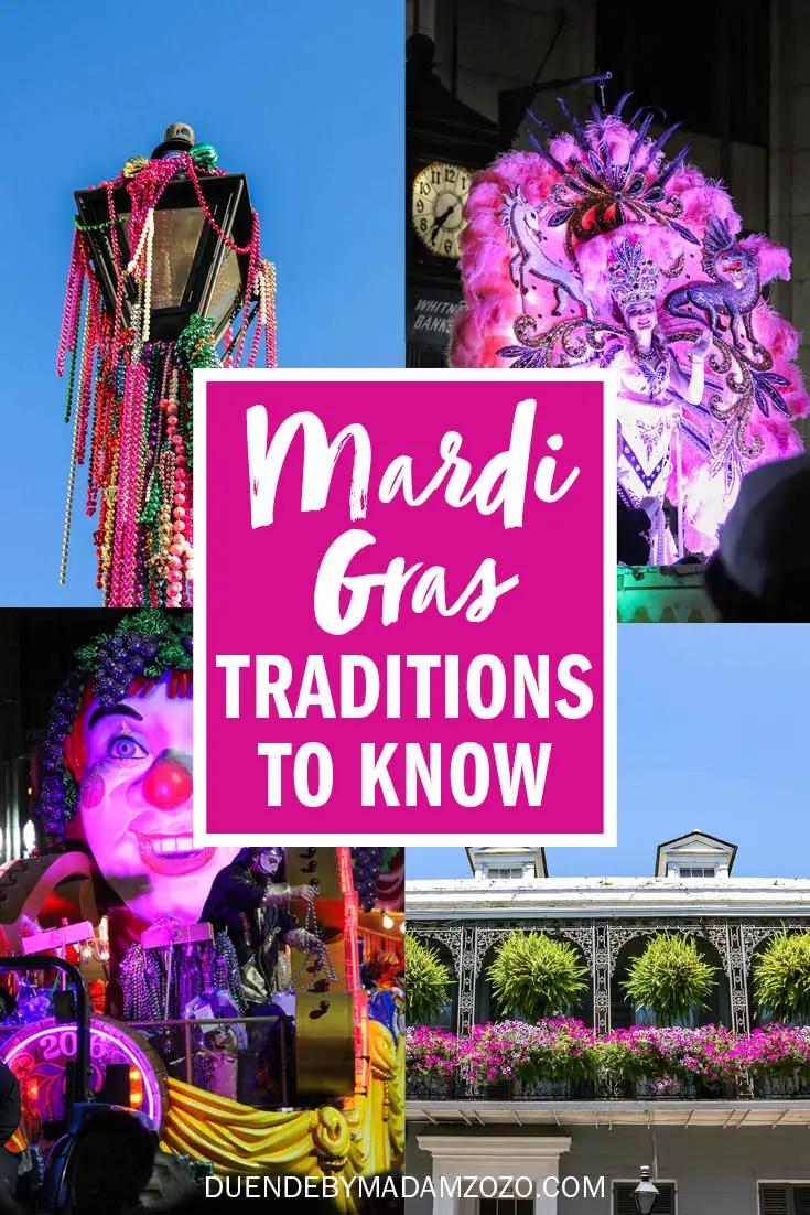 Collage of Carnival photos with text overlay reading "Mardi Gras Traditions to Know"