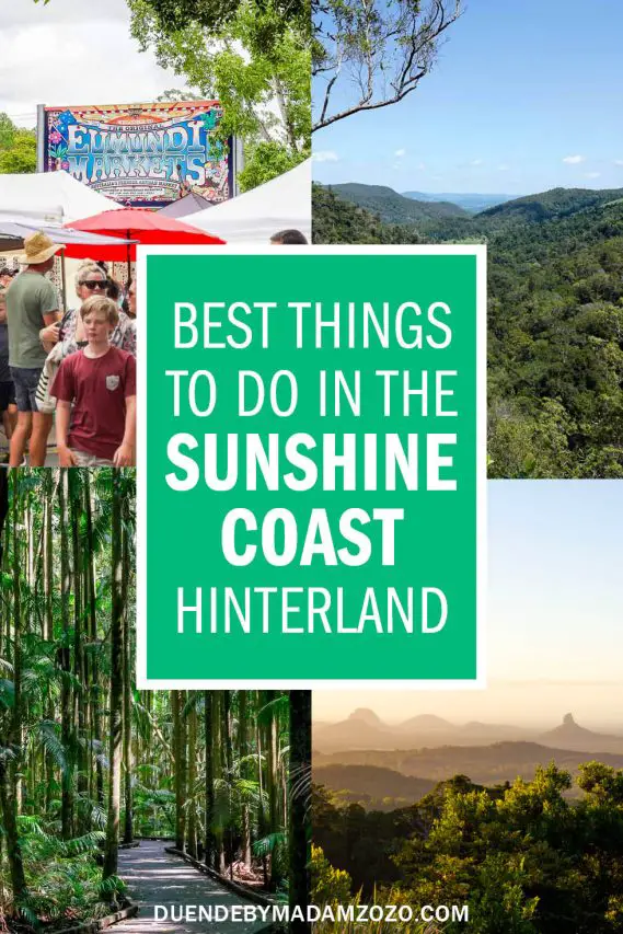 Collage of images from forests to markets with title reading "Best Things to do in the Sunshine Coast Hinterland"