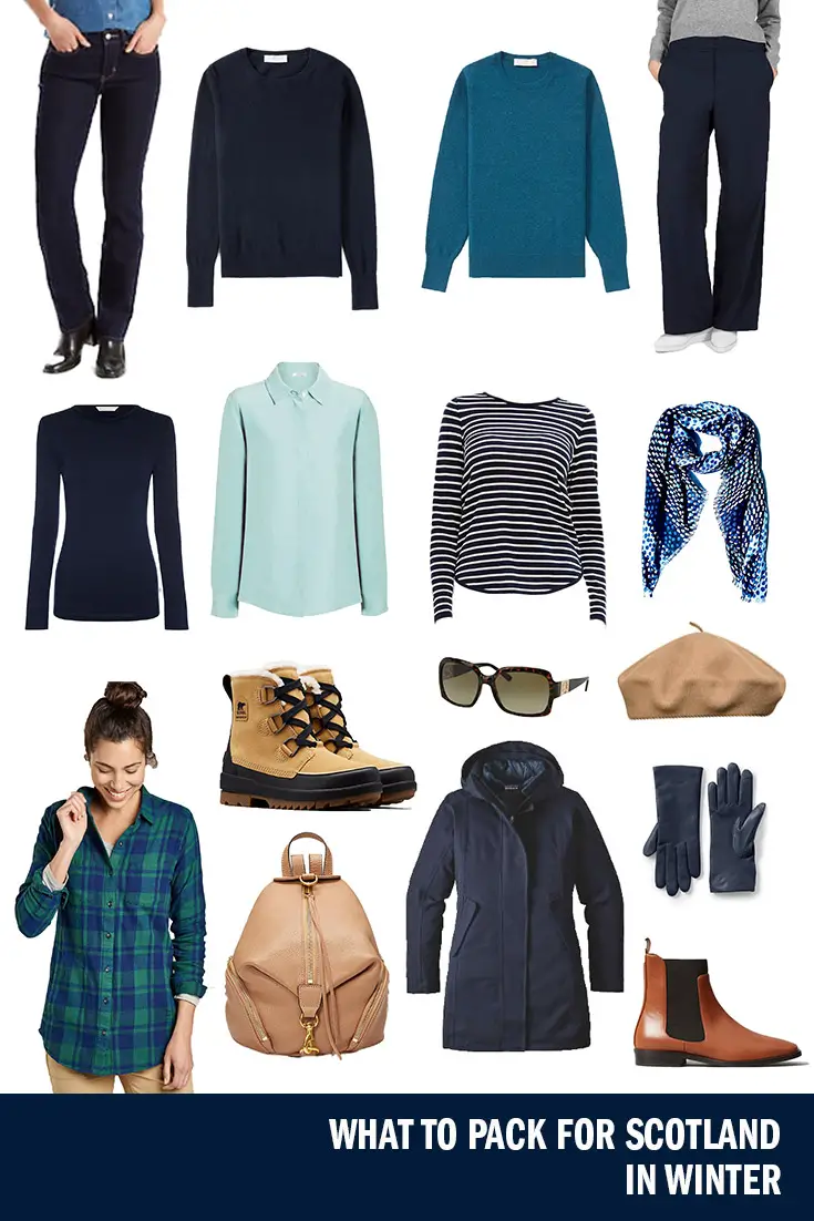 Image of clothing and accessories with title "What to Pack for Scotland in Winter"