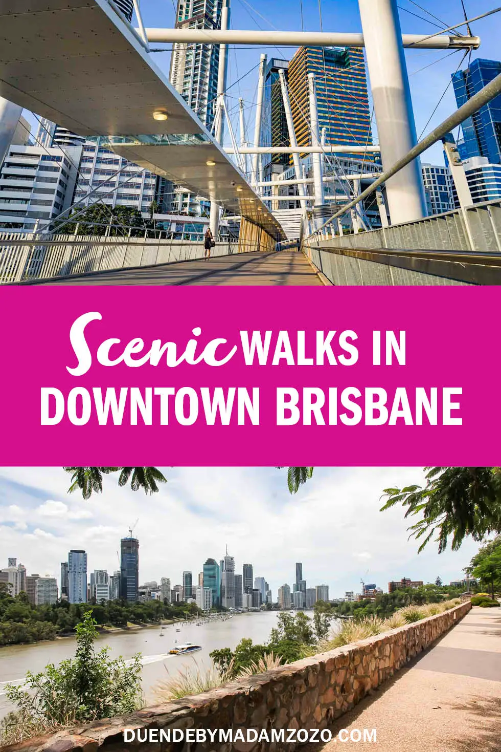 Images of Brisbane city with title: "Scenic walks in downtown Brisbane"