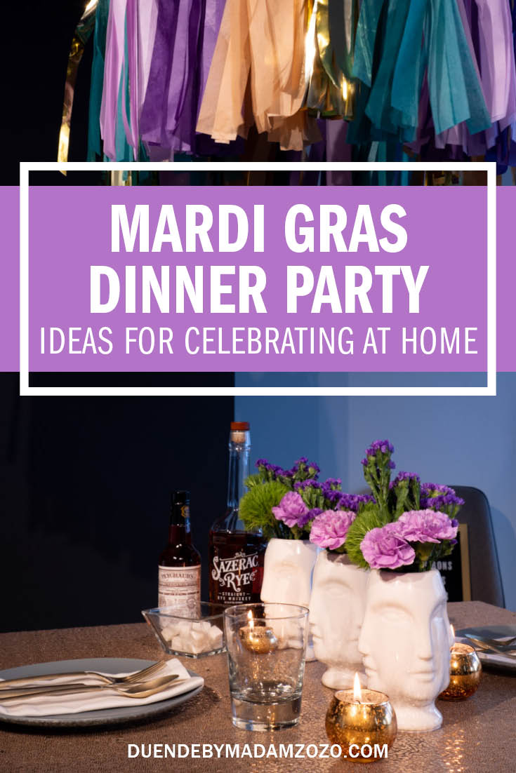 Image to table set with gold, purple and green decor for a Mardi Gras-themed dinner