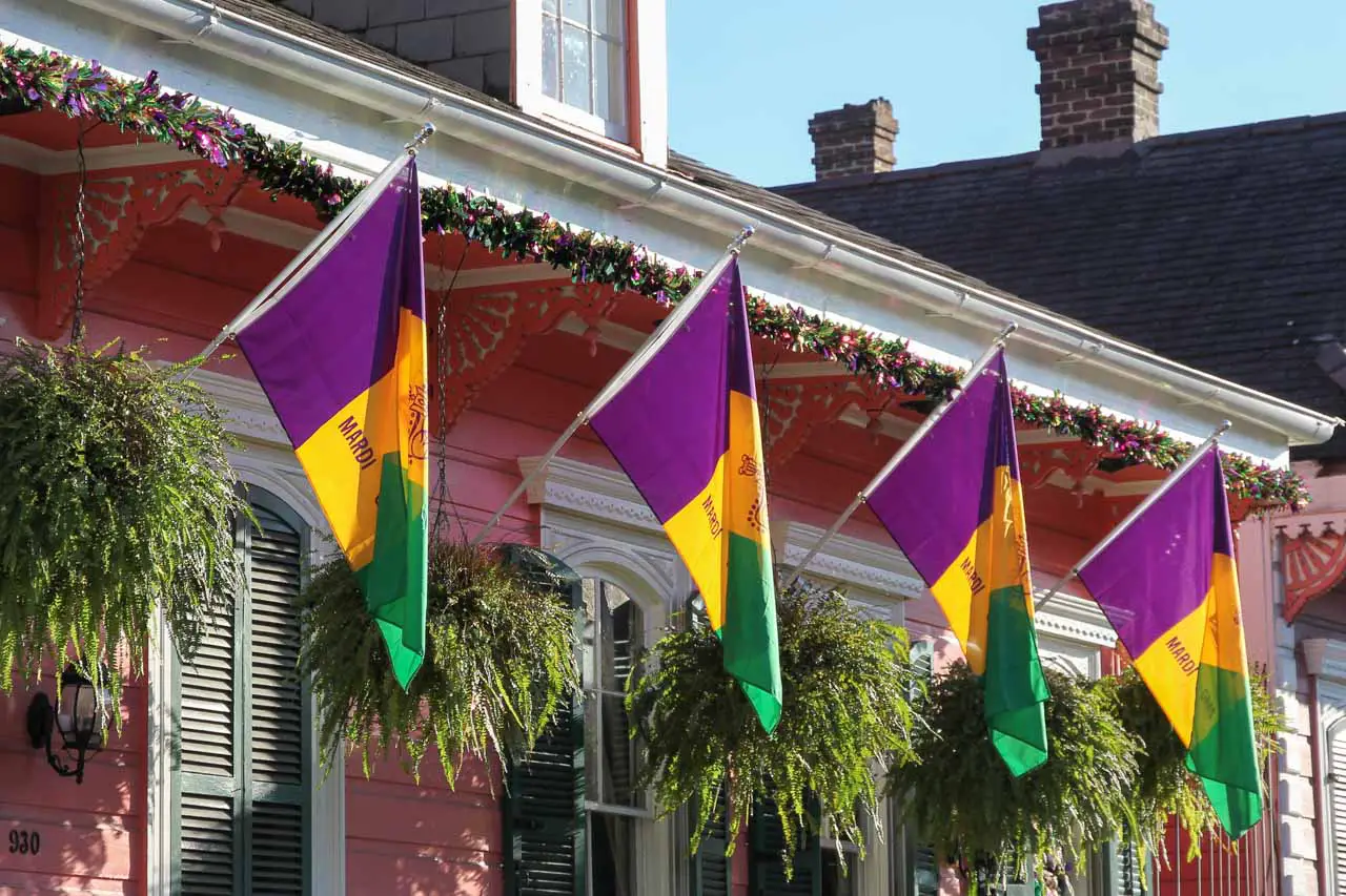 Mardi Gras flags in the French Quarter