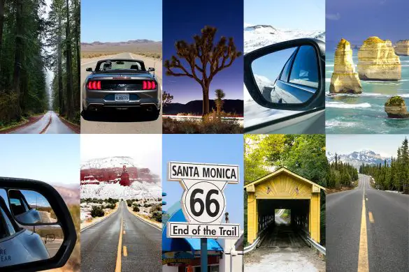 Collage of road trip images including roads through incredible landscapes, covered bridge, iconic Route 66 sign
