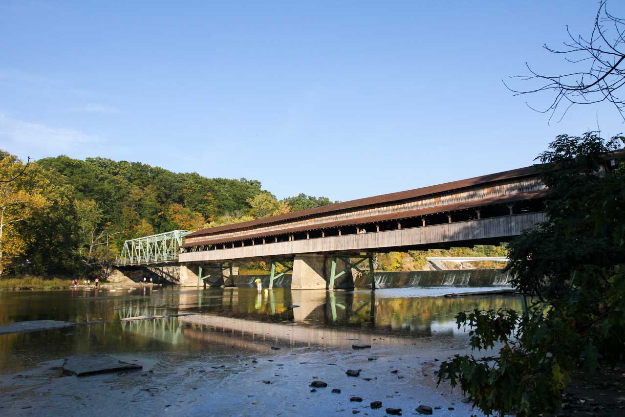 Harpersfield Bridge spanning the Grand River with blue sky