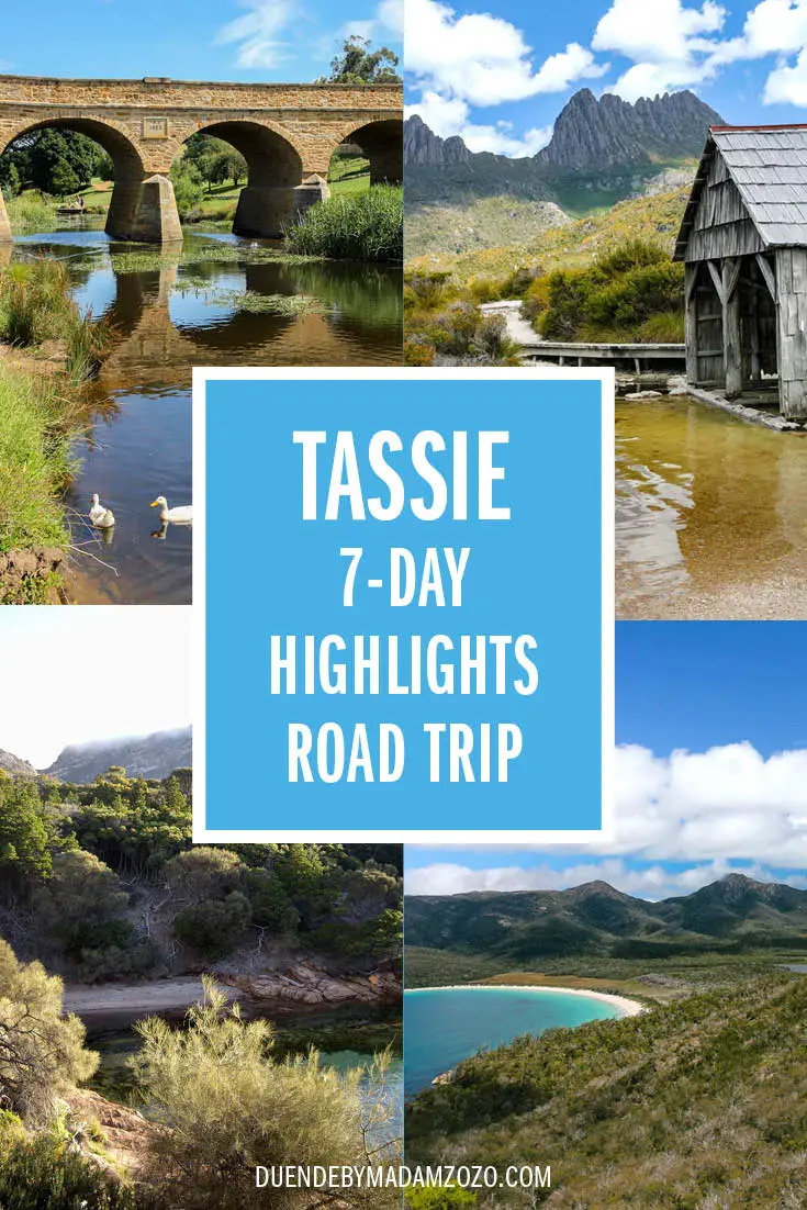 Collage of Tasmanian landscape photos including Cradle Mountain and Wineglass Bay, with title "Tassie 7-Day Highlights Road Trip"