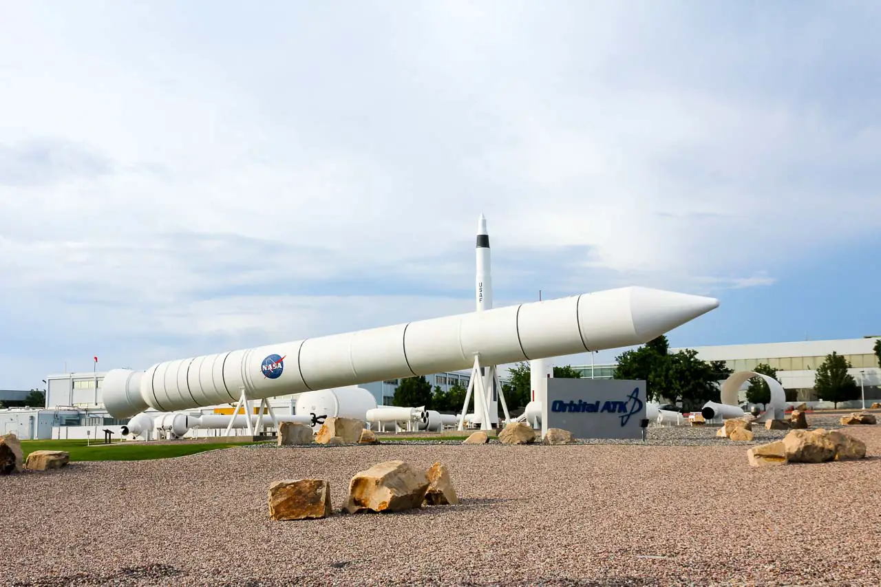 Gravel lined display of rockets, missiles and engines