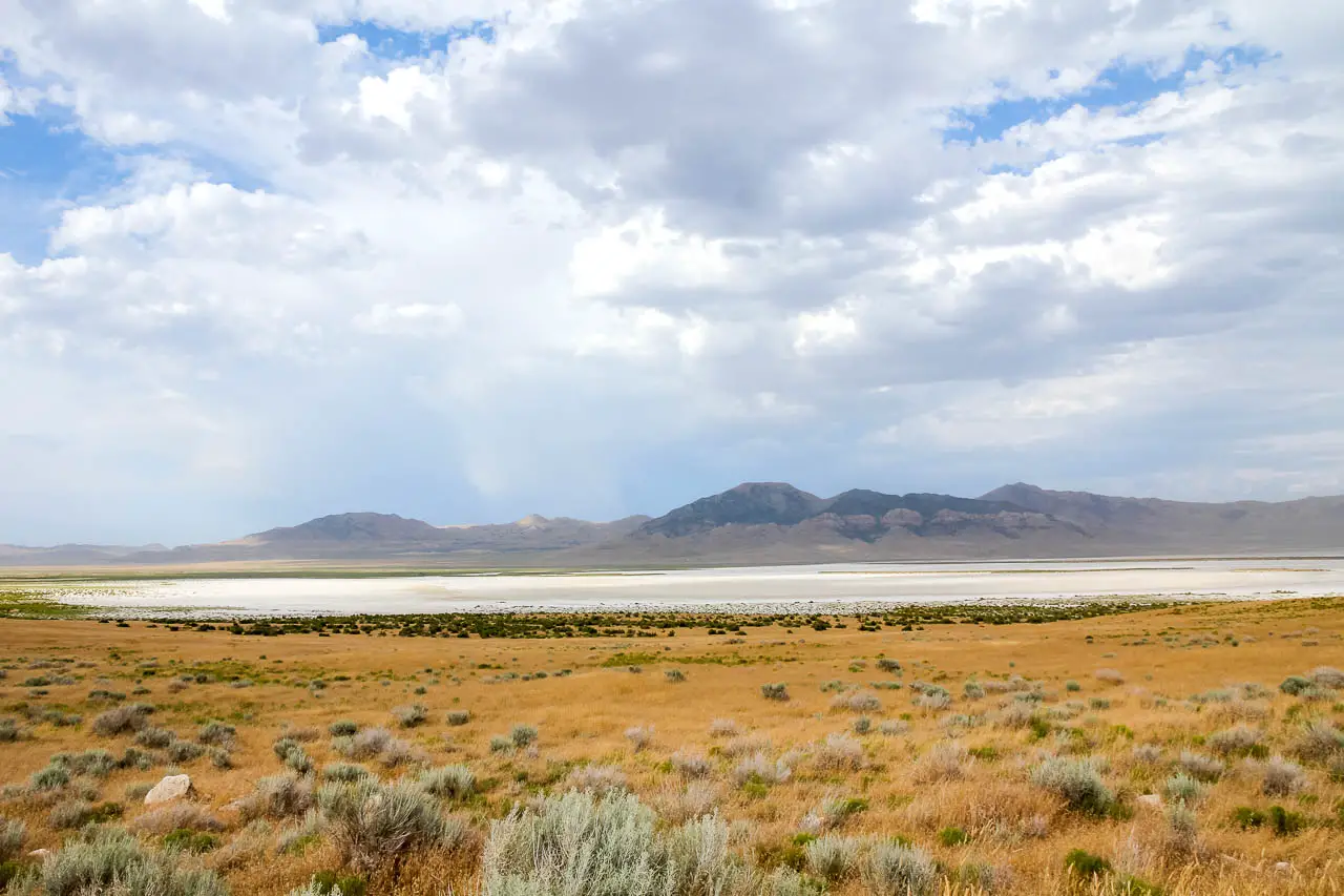 Dry lakebed with mountains in the background