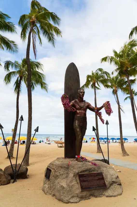 Duke Kahanamoku statue with leis in-hand on Waikiki Beach