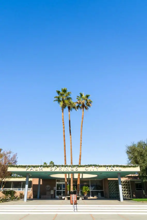 Front entrance of Palm Springs City Hall with three tall palm trees reaching through ceiling.